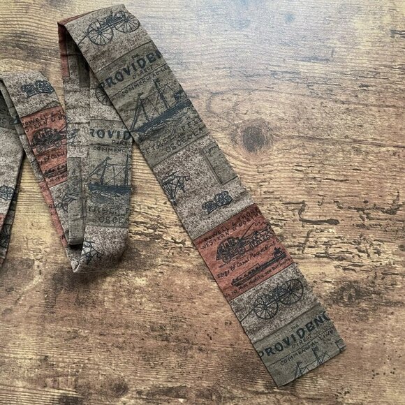 Vintage 1960s Square End Batik Tie Brown Carriage & Buggy Sailing Ship Print - Picture 2 of 6